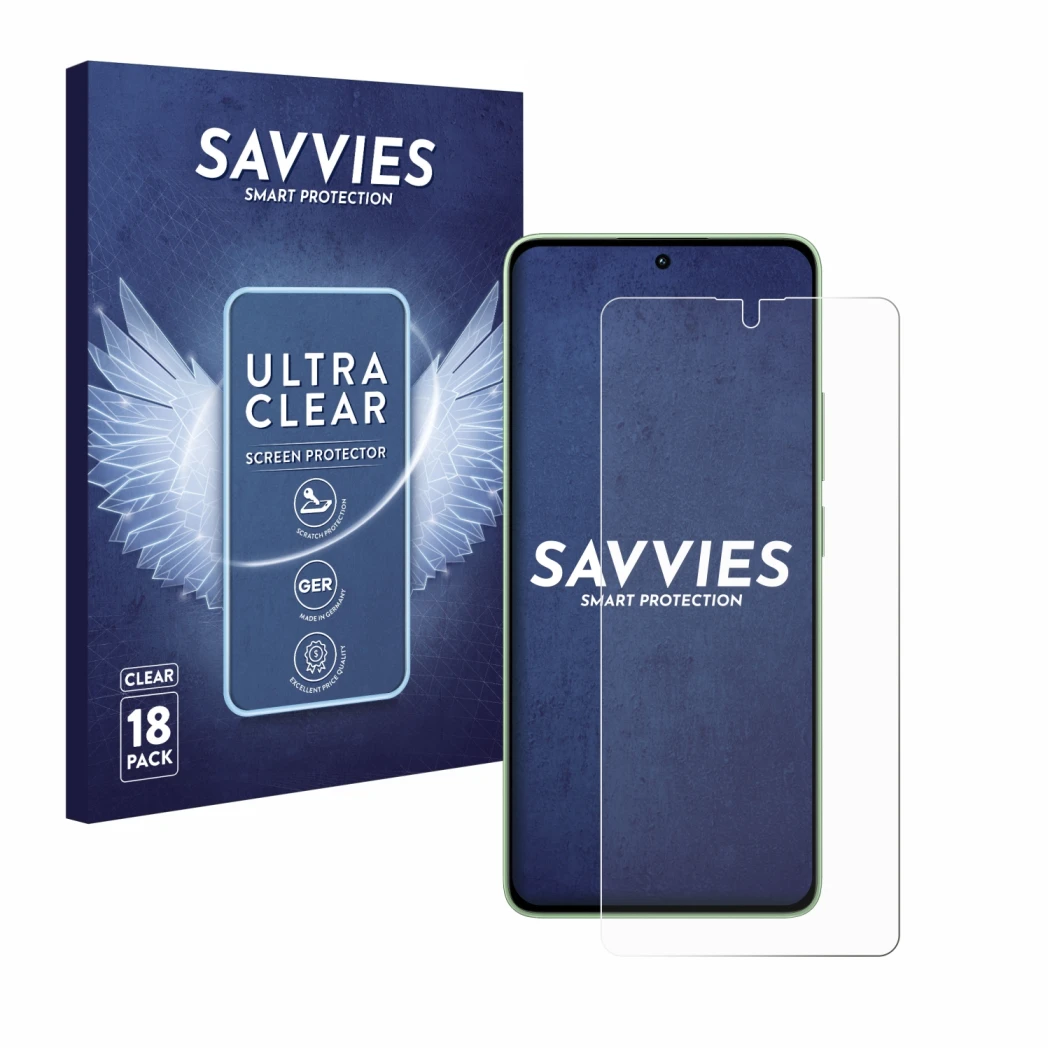 Front side of a product packaging with the brand logo Savvies. Next to it is the device Xiaomi Redmi Note 13 shown with the co