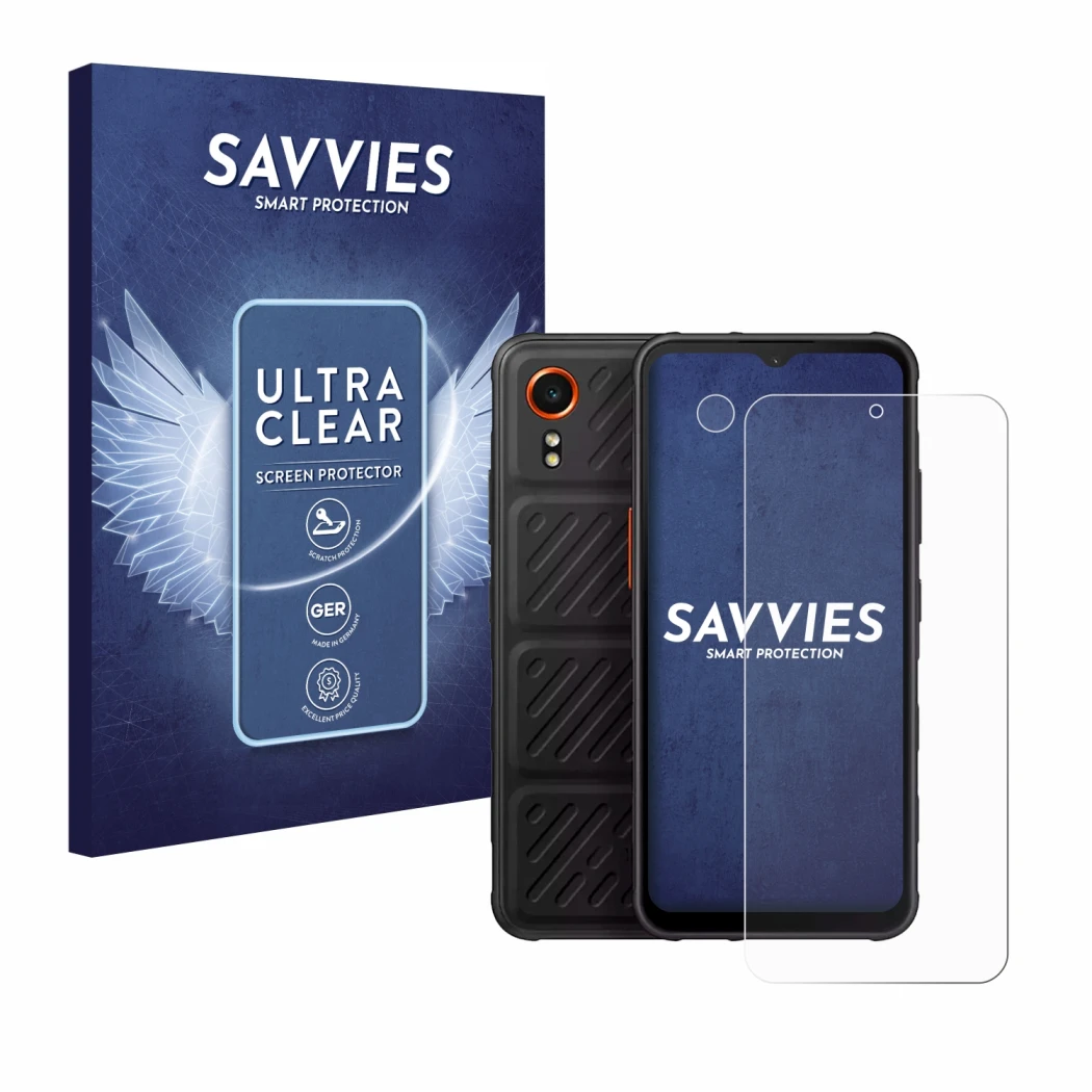 Front side of a product packaging with the brand logo Savvies. Next to it is the device Samsung Galaxy XCover 7 (Front+Camera)