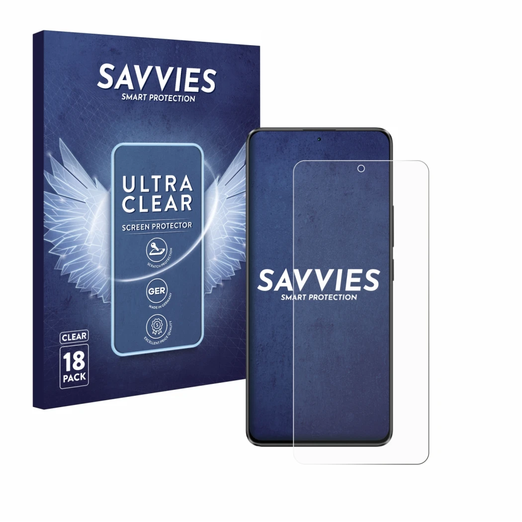 Front side of a product packaging with the brand logo Savvies. Next to it is the device Xiaomi Poco X6 shown with the correspo