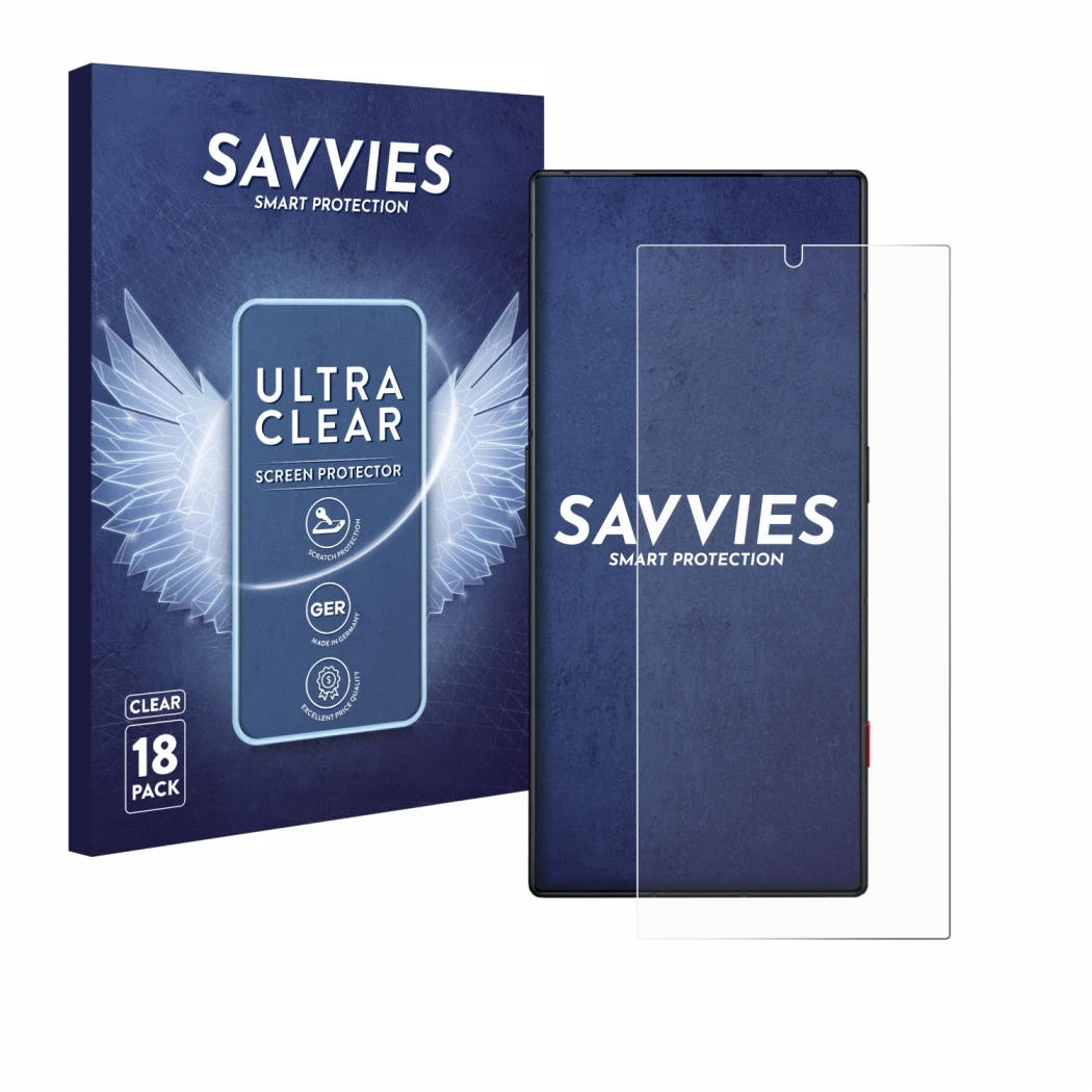 Front side of a product packaging with the brand logo Savvies. Next to it is the device ZTE Nubia Red Magic 8 Pro shown with t