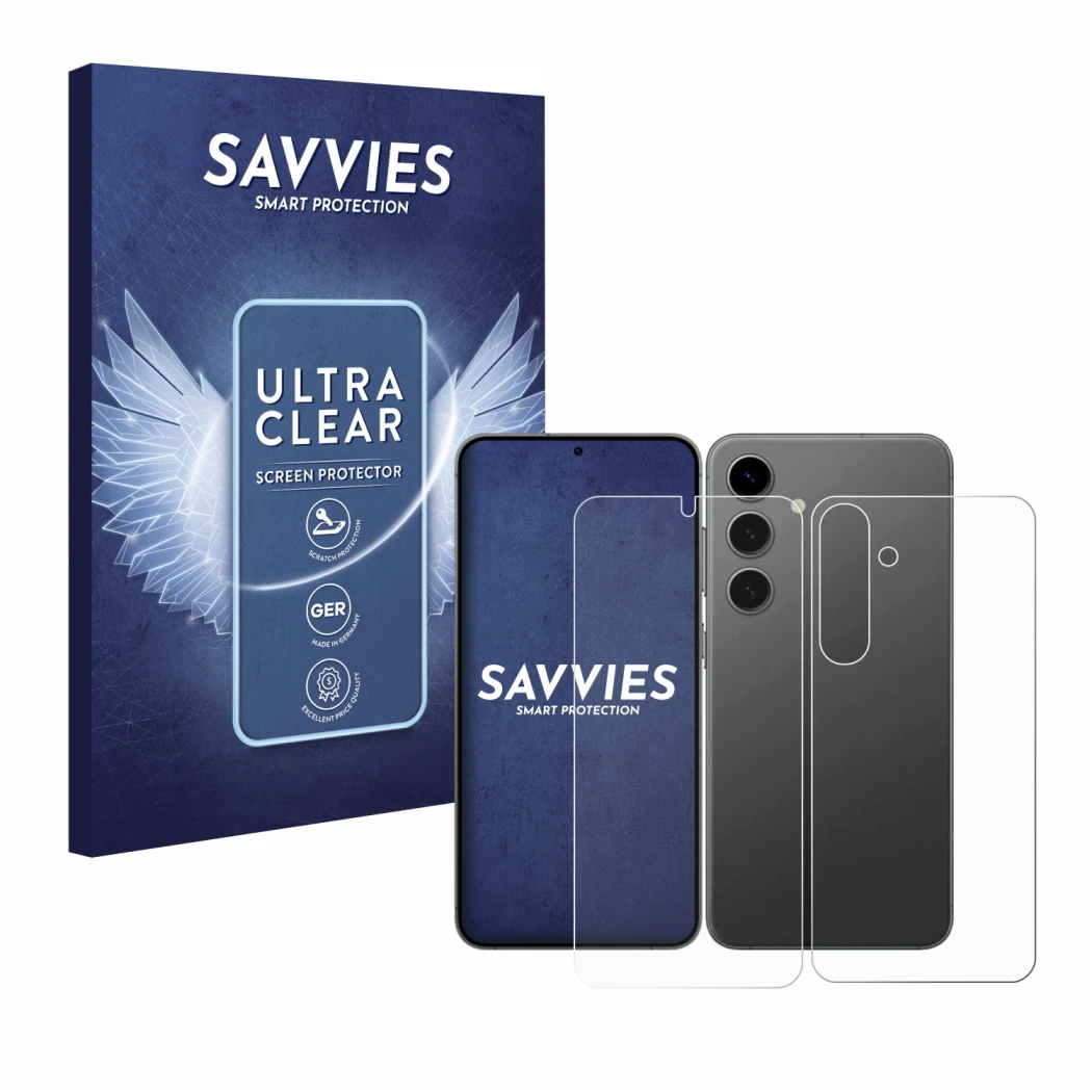 Front side of a product packaging with the brand logo Savvies. Next to it is the device Samsung Galaxy S24 Plus (Front+Back) s
