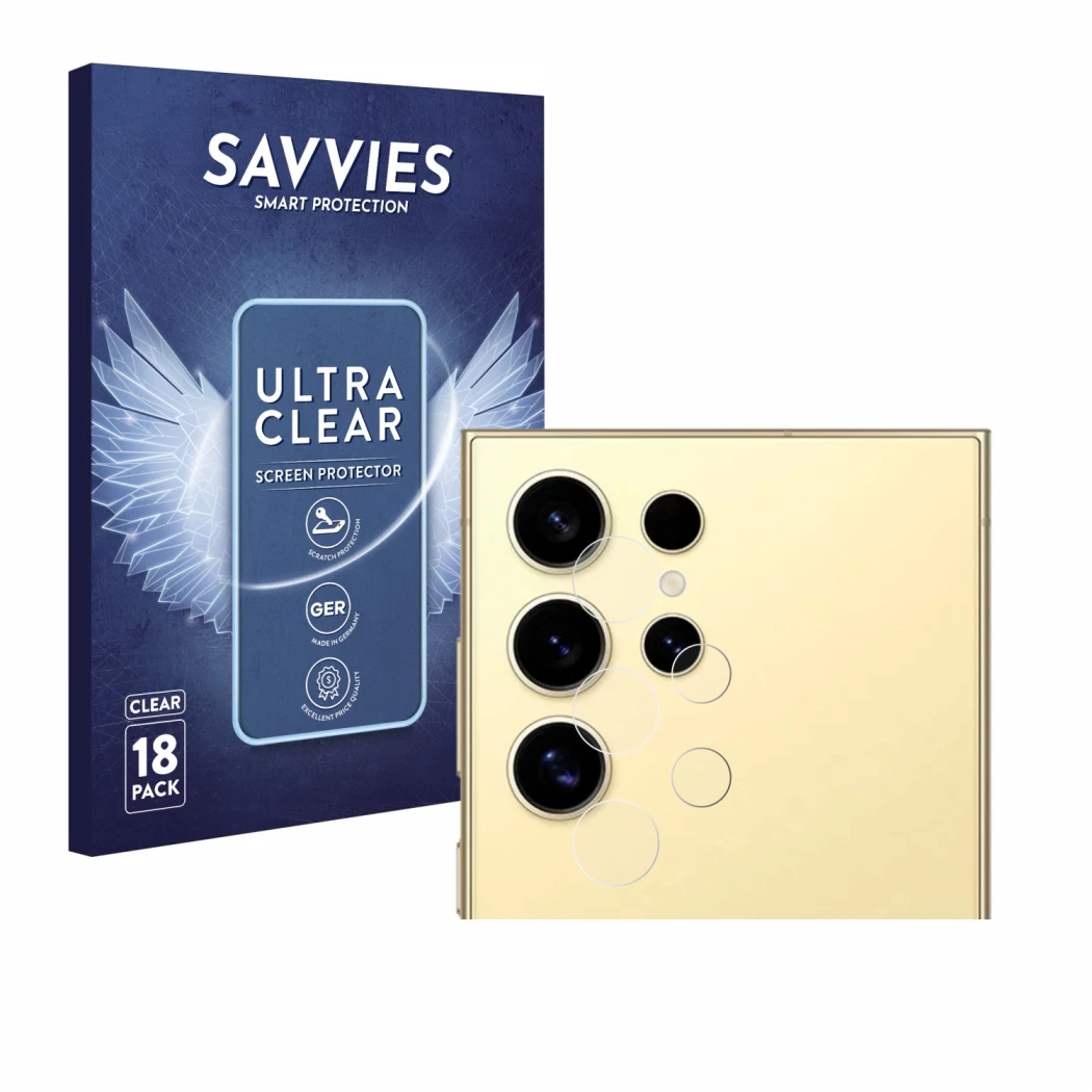 Front side of a product packaging with the brand logo Savvies. Next to it is the device Samsung Galaxy S24 Ultra (ONLY Camera 