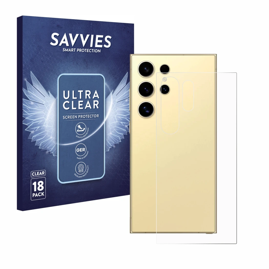 Front side of a product packaging with the brand logo Savvies. Next to it is the device Samsung Galaxy S24 Ultra (Back) shown 