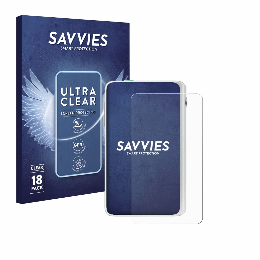 Front side of a product packaging with the brand logo Savvies. Next to it is the device Timekettle Fluentalk T1 Mini shown wit