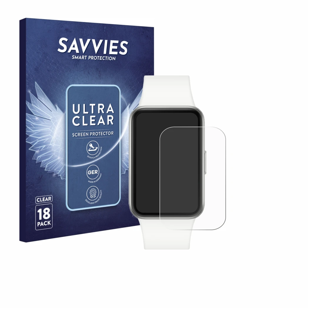 Front side of a product packaging with the brand logo Savvies. Next to it is the device Samsung Galaxy Fit3 shown with the cor