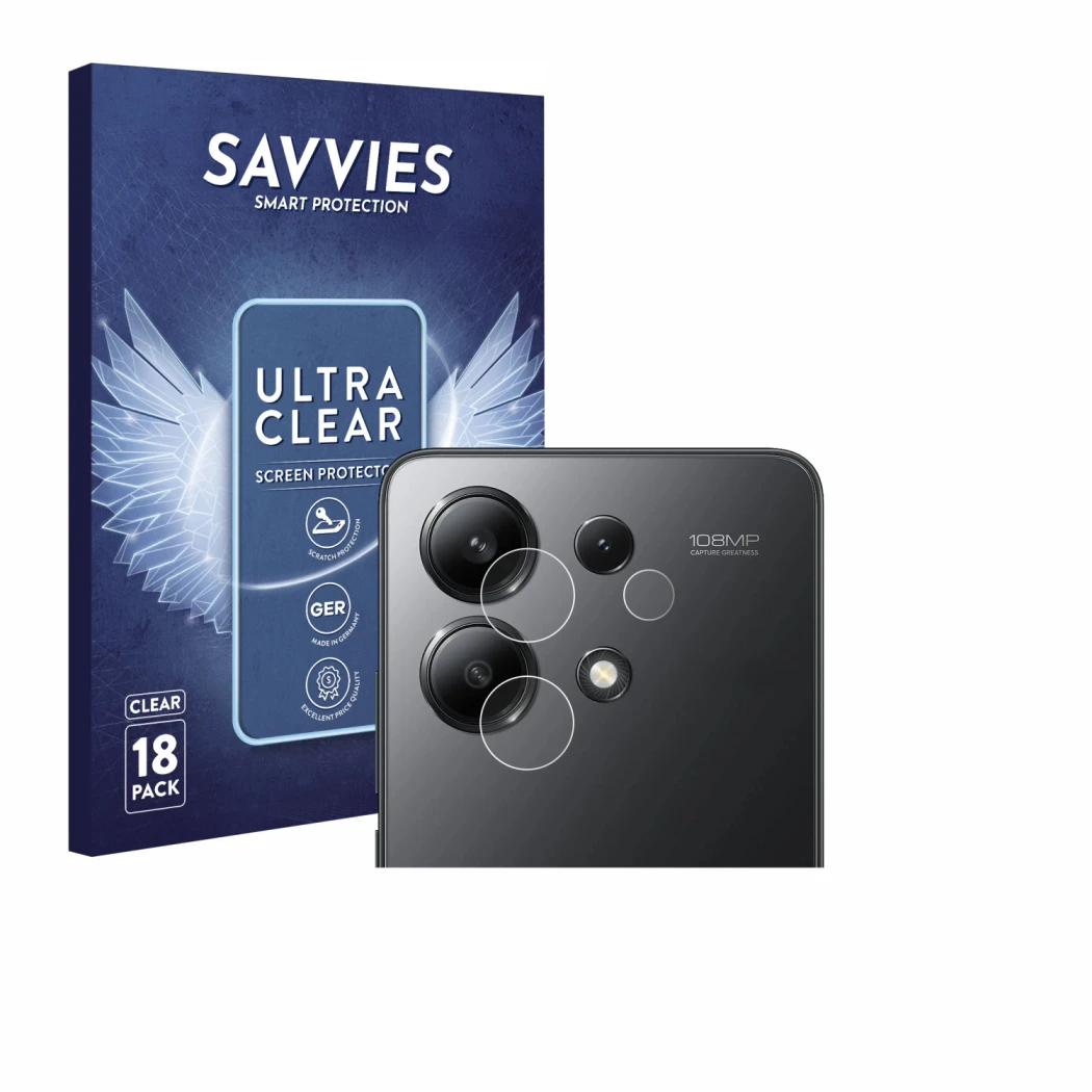 Front side of a product packaging with the brand logo Savvies. Next to it is the device Xiaomi Redmi Note 13 (ONLY Camera Lens
