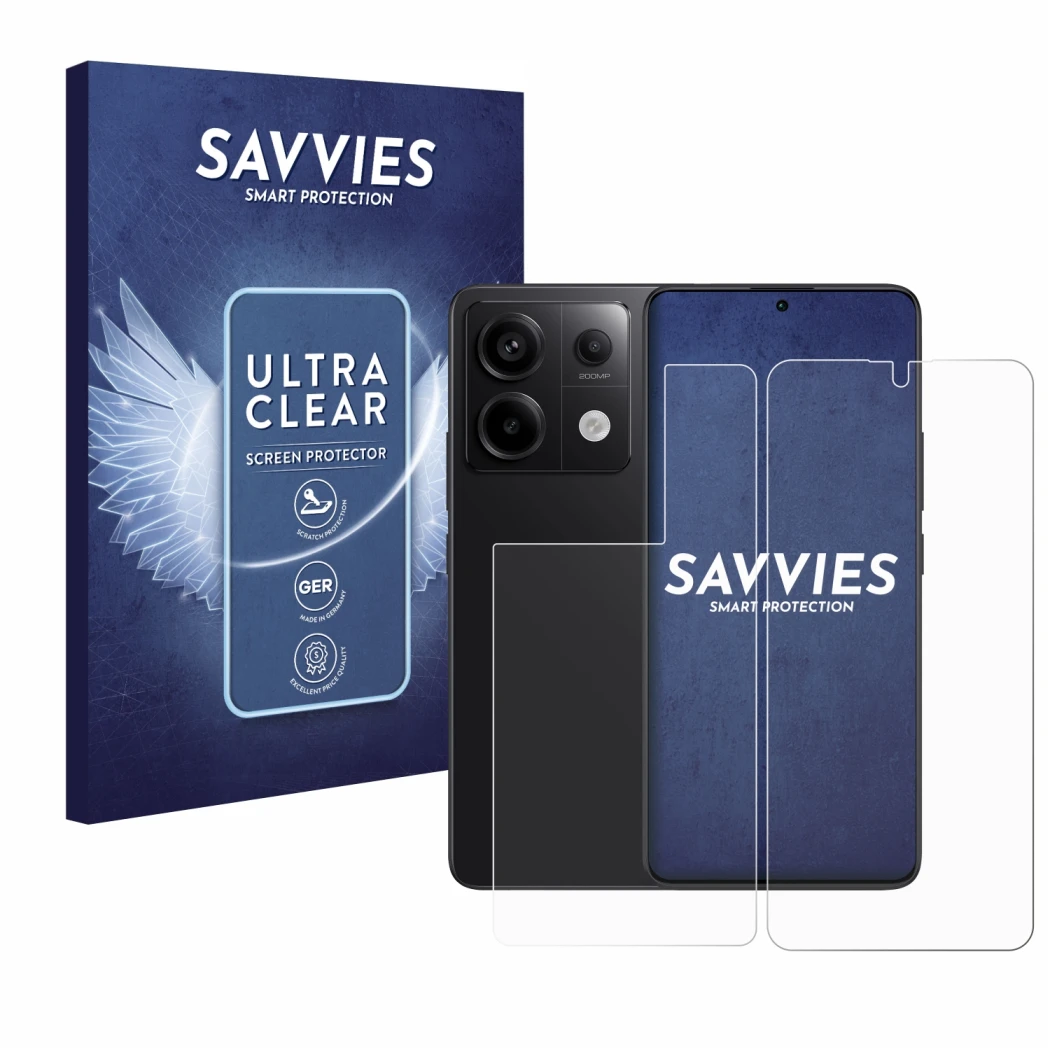 Front side of a product packaging with the brand logo Savvies. Next to it is the device Xiaomi Redmi Note 13 Pro 5G (Front+Bac