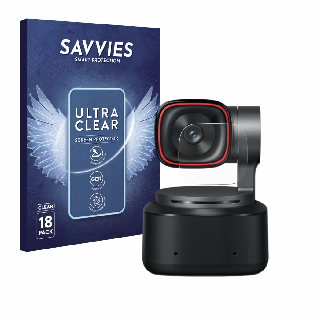 Front side of a product packaging with the brand logo Savvies. Next to it is the device OBSBOT Tiny 2 shown with the correspon