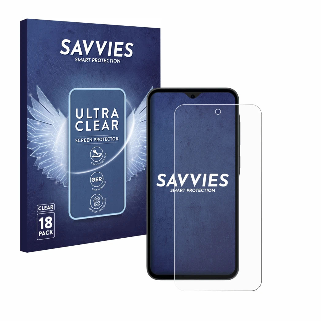Front side of a product packaging with the brand logo Savvies. Next to it is the device Samsung Galaxy A35 5G shown with the c