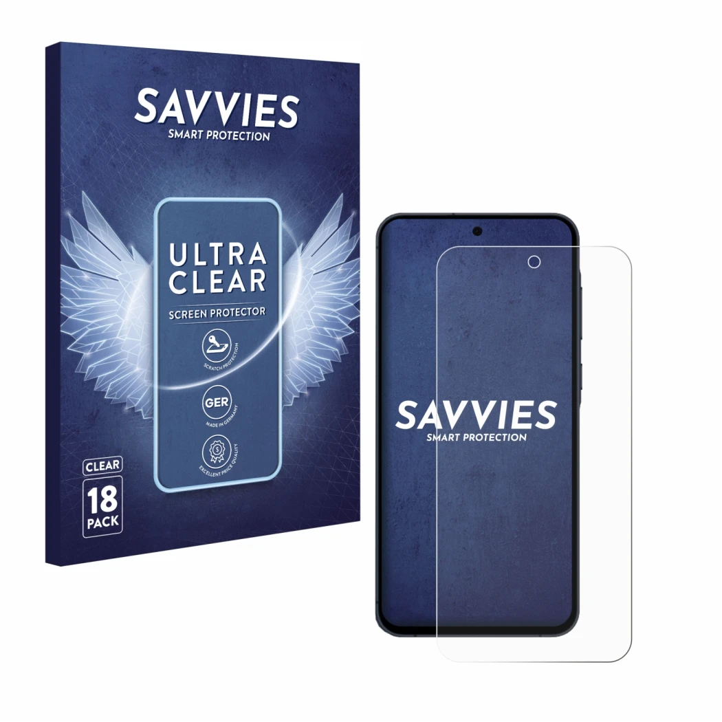 Front side of a product packaging with the brand logo Savvies. Next to it is the device Samsung Galaxy A55 5G shown with the c