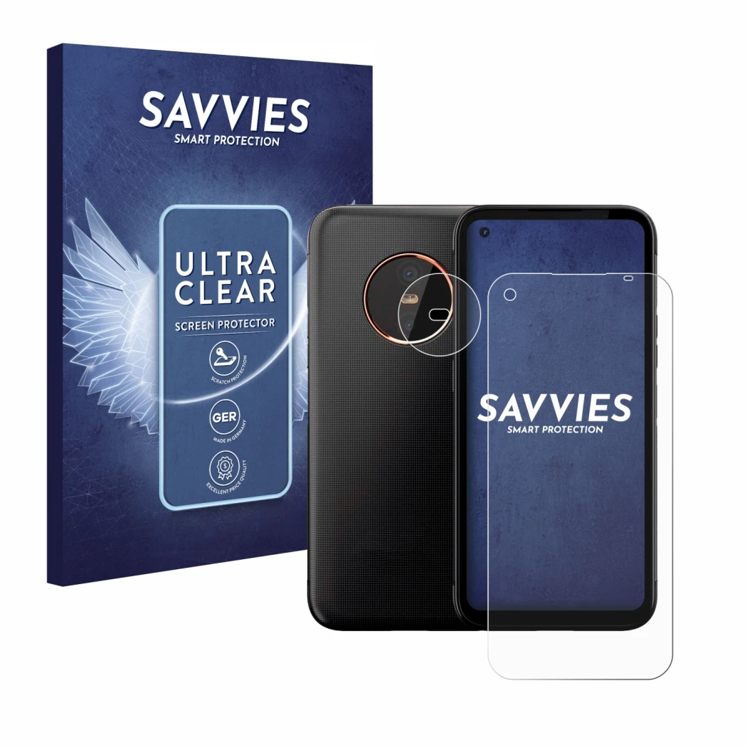 Front side of a product packaging with the brand logo Savvies. Next to it is the device Gigaset GX6 Pro (Front+Camera) shown w