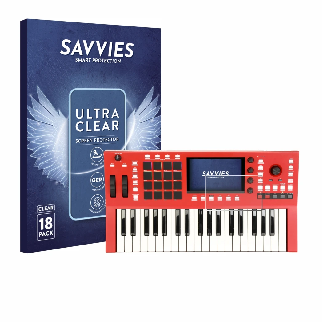 Front side of a product packaging with the brand logo Savvies. Next to it is the device Akai Professional MPC Key 37 shown wit