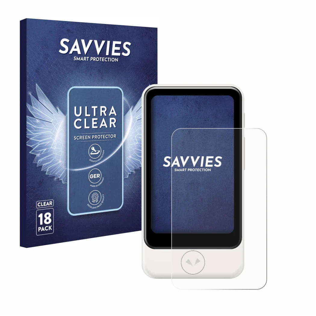 Front side of a product packaging with the brand logo Savvies. Next to it is the device Pocketalk Plus shown with the correspo