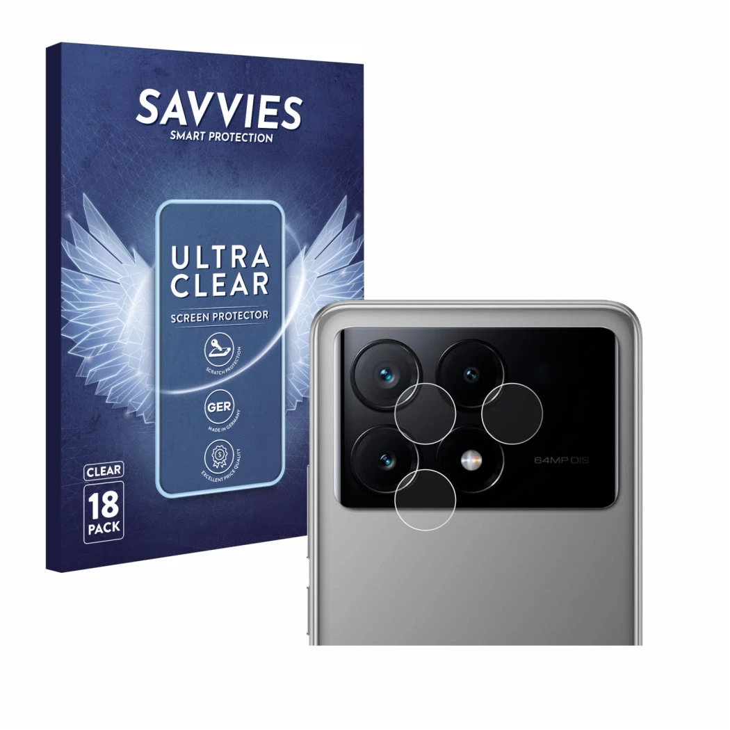 Front side of a product packaging with the brand logo Savvies. Next to it is the device Xiaomi Poco X6 Pro (ONLY Camera Lens) 