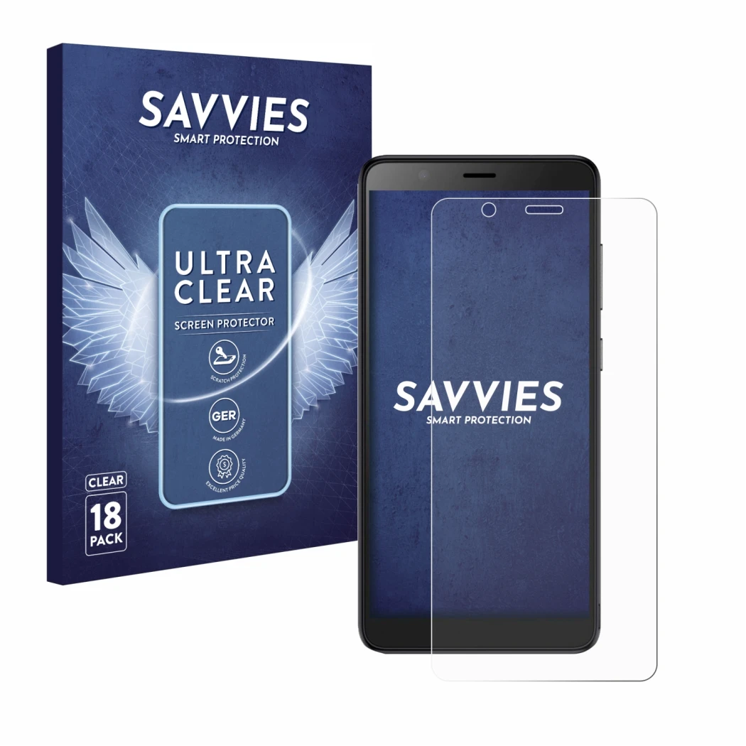 Front side of a product packaging with the brand logo Savvies. Next to it is the device ZTE Blade A32 shown with the correspon