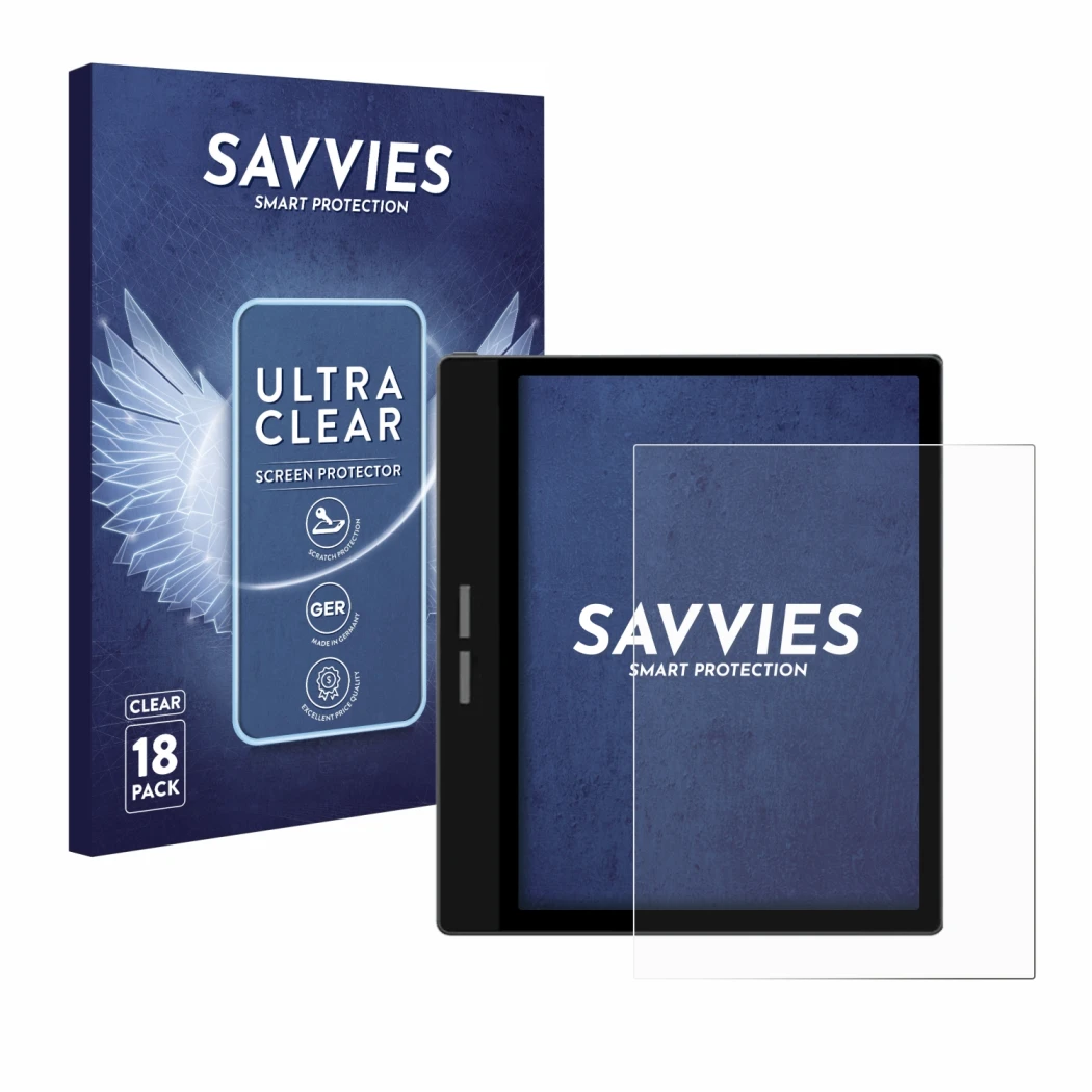 Front side of a product packaging with the brand logo Savvies. Next to it is the device Bigme B751C shown with the correspondi
