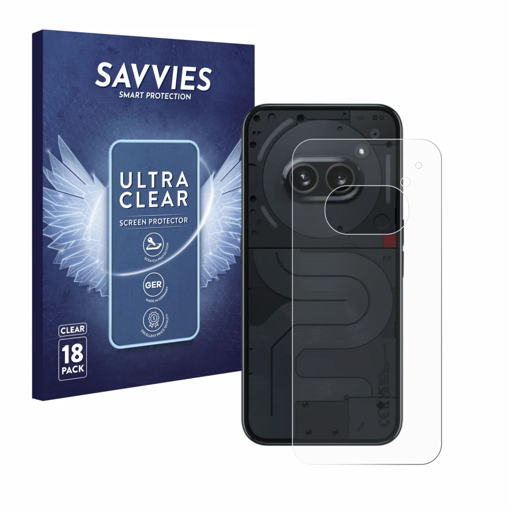 Front side of a product packaging with the brand logo Savvies. Next to it is the device Nothing Phone (2a) (Back) shown with t