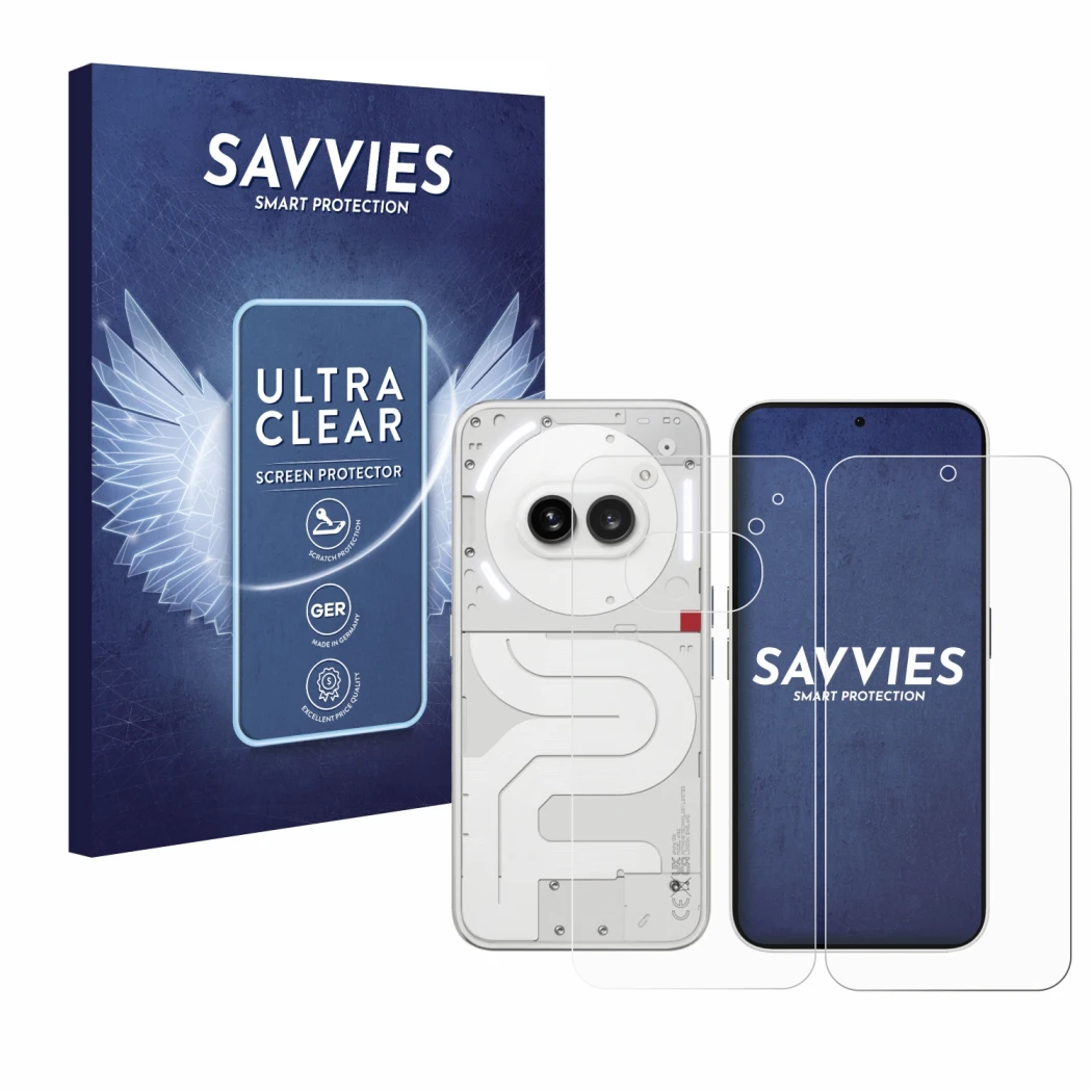 Front side of a product packaging with the brand logo Savvies. Next to it is the device Nothing Phone (2a) (Front+Back) shown 