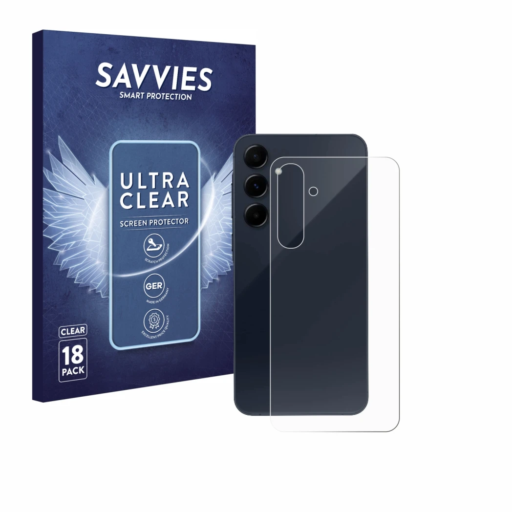 Front side of a product packaging with the brand logo Savvies. Next to it is the device Samsung Galaxy A55 5G (Back) shown wit