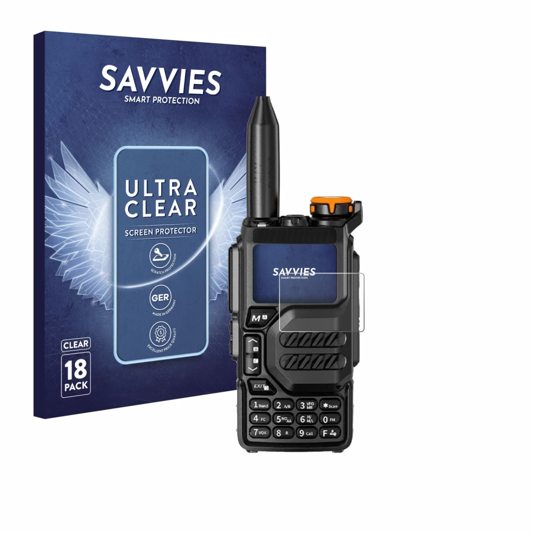 Front side of a product packaging with the brand logo Savvies. Next to it is the device Quansheng UV-K5 shown with the corresp