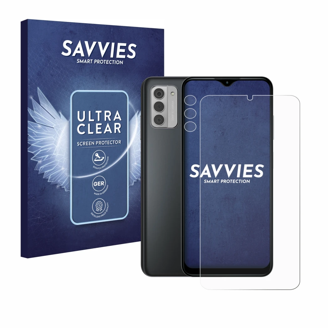 Front side of a product packaging with the brand logo Savvies. Next to it is the device Nokia G42 5G (Front+Camera) shown with