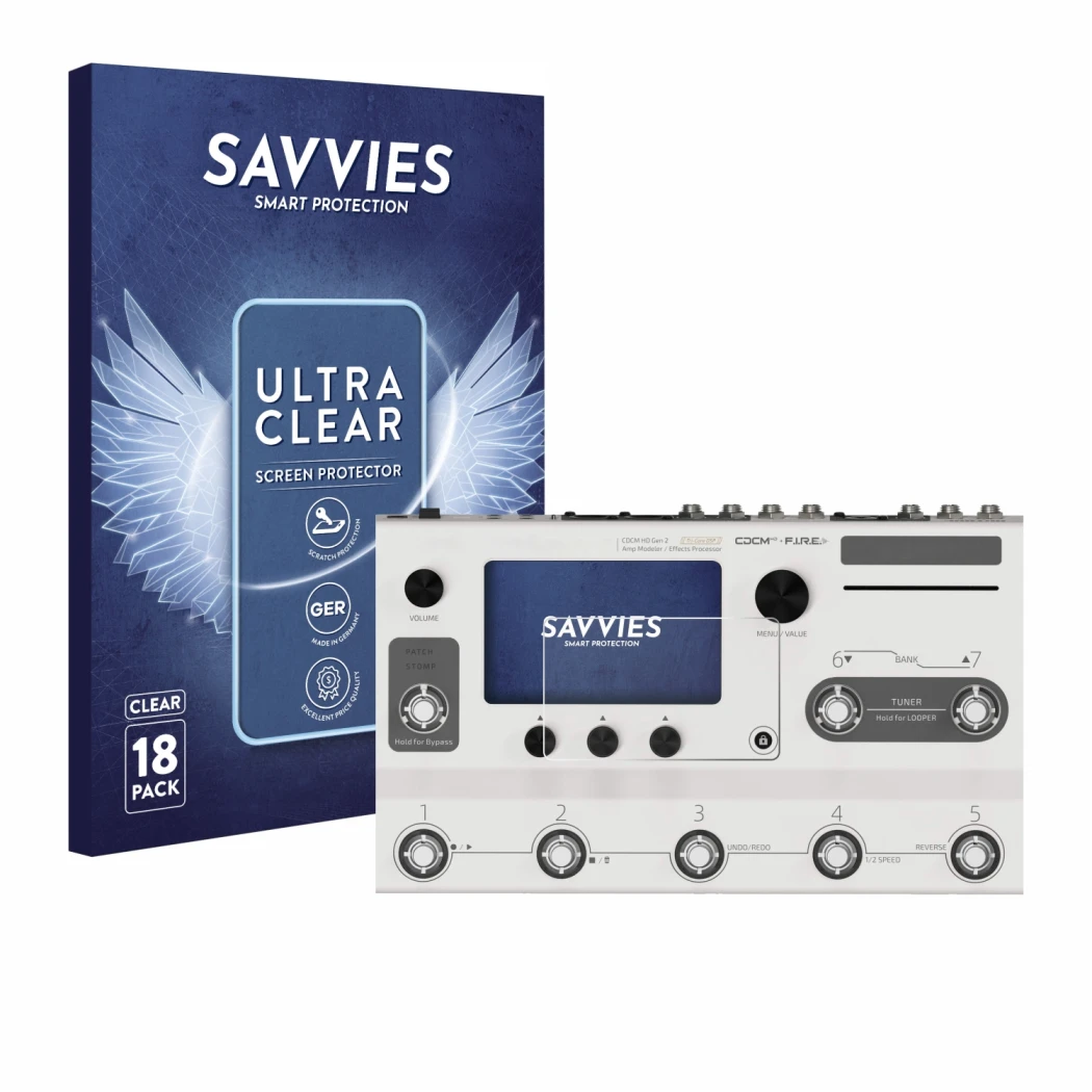 Front side of a product packaging with the brand logo Savvies. Next to it is the device Hotone Ampero II Stage shown with the 