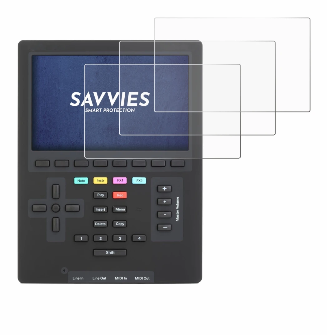 Image of the device Polyend Tracker Mini with a wide variety of screen protectors.