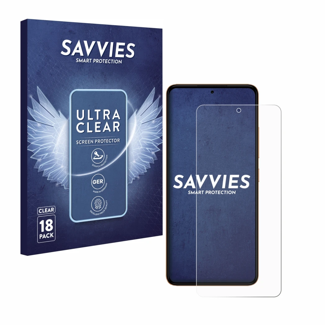 Front side of a product packaging with the brand logo Savvies. Next to it is the device HMD Pulse Plus shown with the correspo