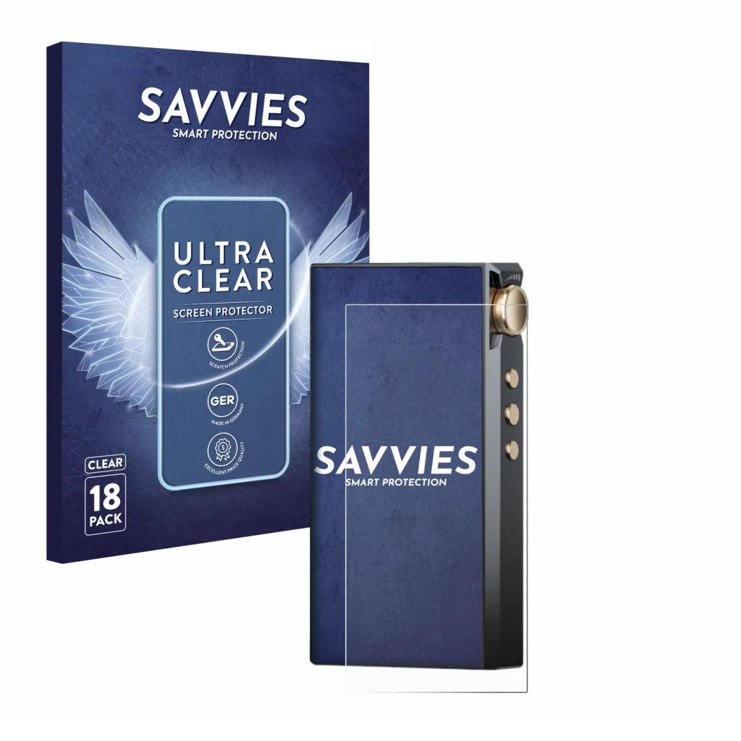 Front side of a product packaging with the brand logo Savvies. Next to it is the device Cayin N3-Ultra shown with the correspo