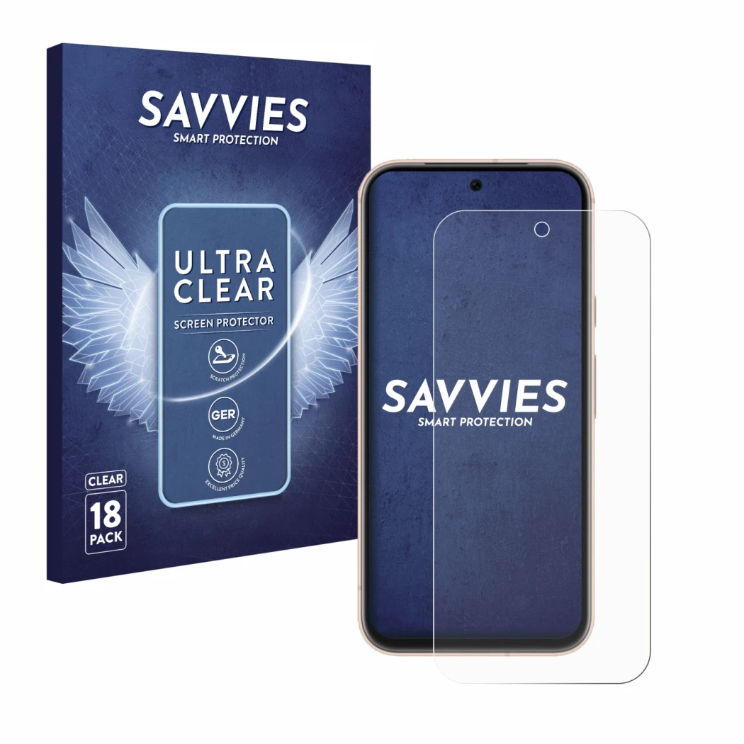 Front side of a product packaging with the brand logo Savvies. Next to it is the device Google Pixel 8a shown with the corresp