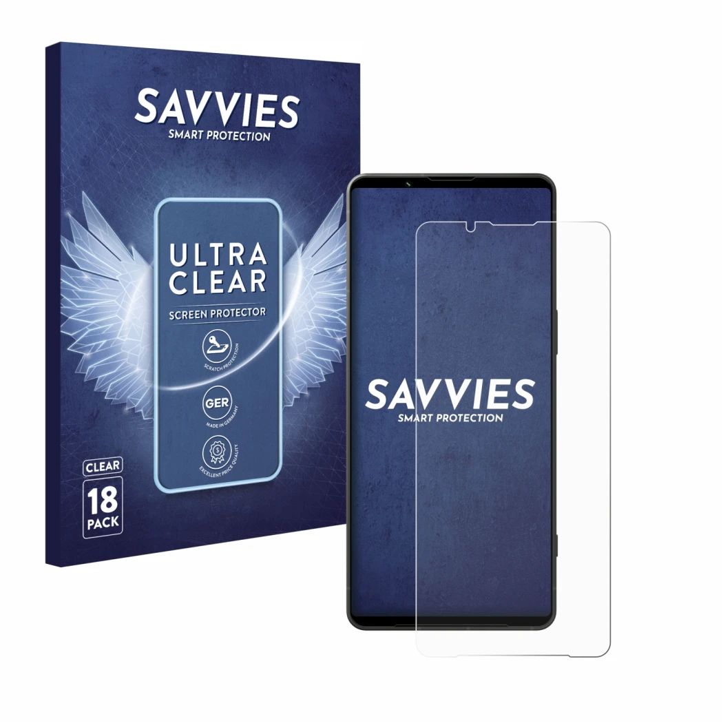 Front side of a product packaging with the brand logo Savvies. Next to it is the device Sony Xperia 1 VI shown with the corres