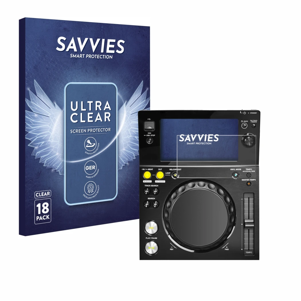 Front side of a product packaging with the brand logo Savvies. Next to it is the device Pioneer XDJ -700 shown with the corres