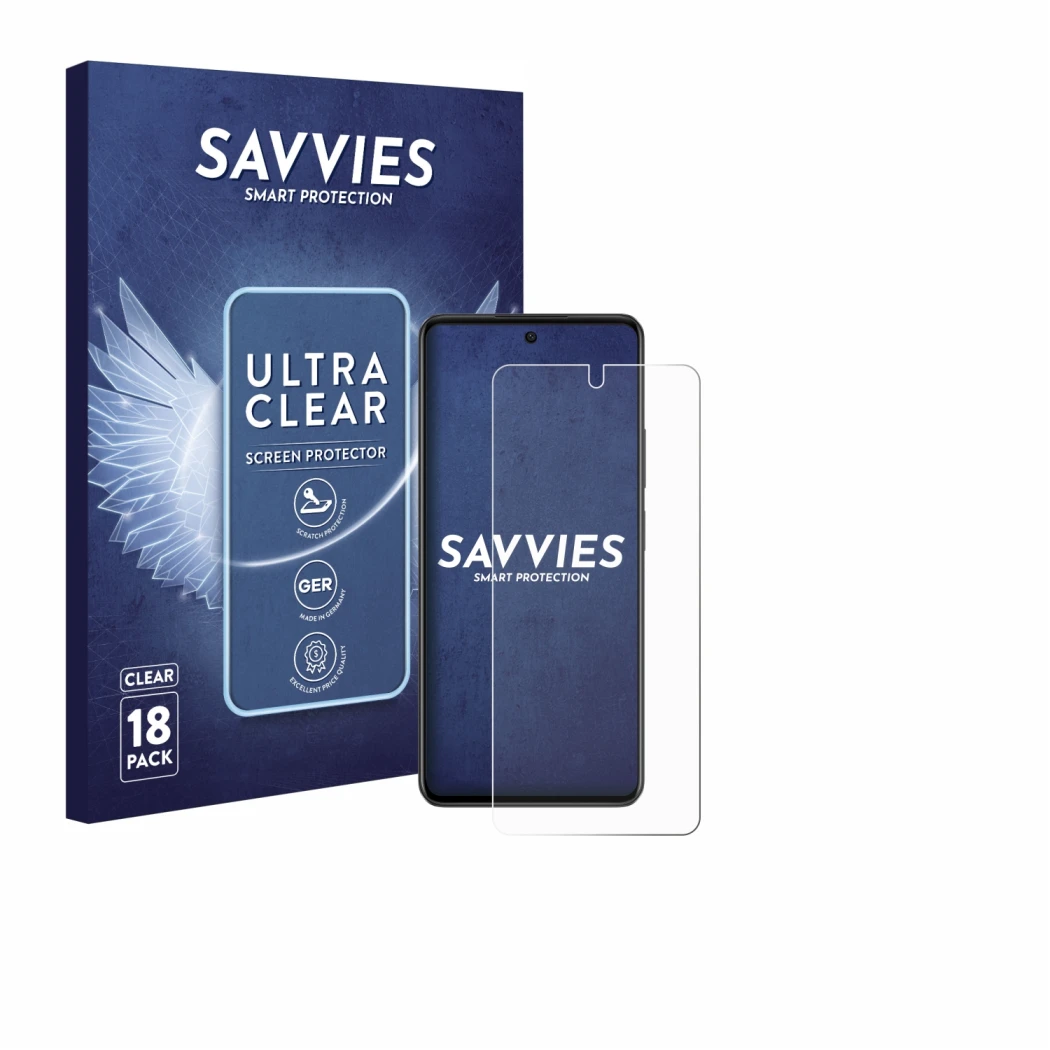 Front side of a product packaging with the brand logo Savvies. Next to it is the device Oppo A79 5G shown with the correspondi