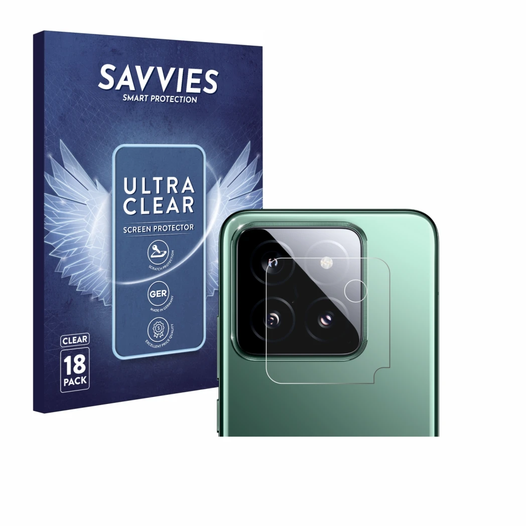 Front side of a product packaging with the brand logo Savvies. Next to it is the device Xiaomi 14 (ONLY Camera Lens) shown wit
