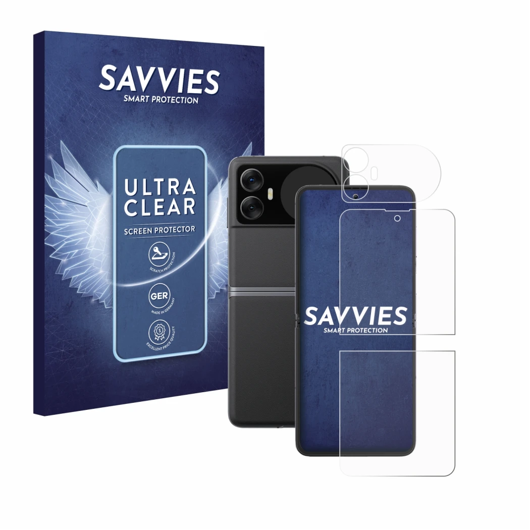 Front side of a product packaging with the brand logo Savvies. Next to it is the device Blackview Hero 10 (Front+Back) shown w