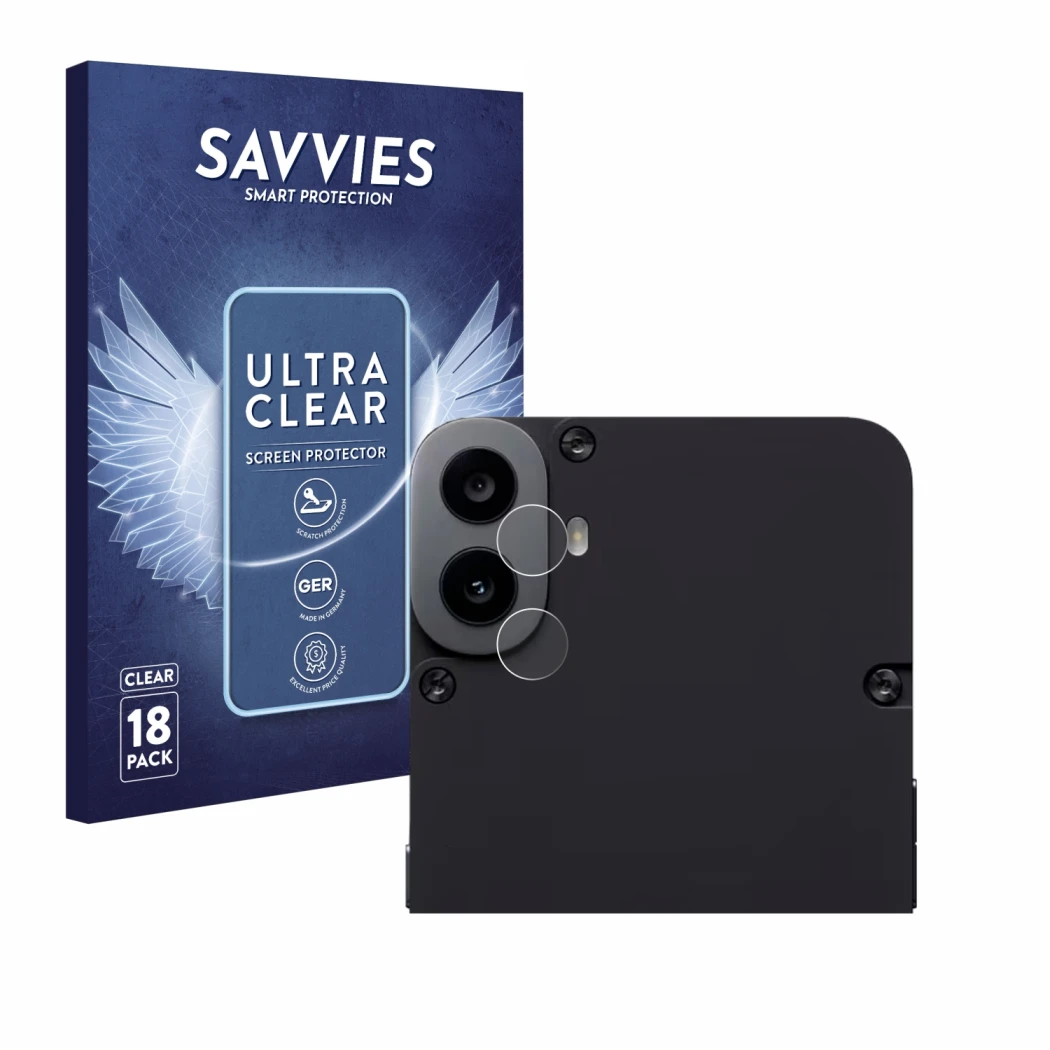 Front side of a product packaging with the brand logo Savvies. Next to it is the device Nothing CMF Phone 1 (ONLY Camera Lens)