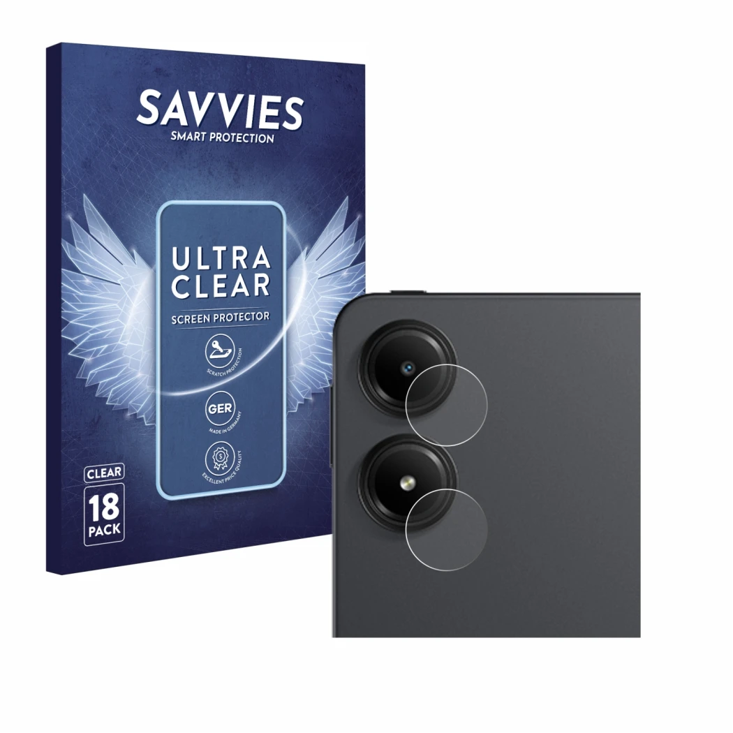 Front side of a product packaging with the brand logo Savvies. Next to it is the device Xiaomi Redmi Pad Pro 5G (ONLY Camera L