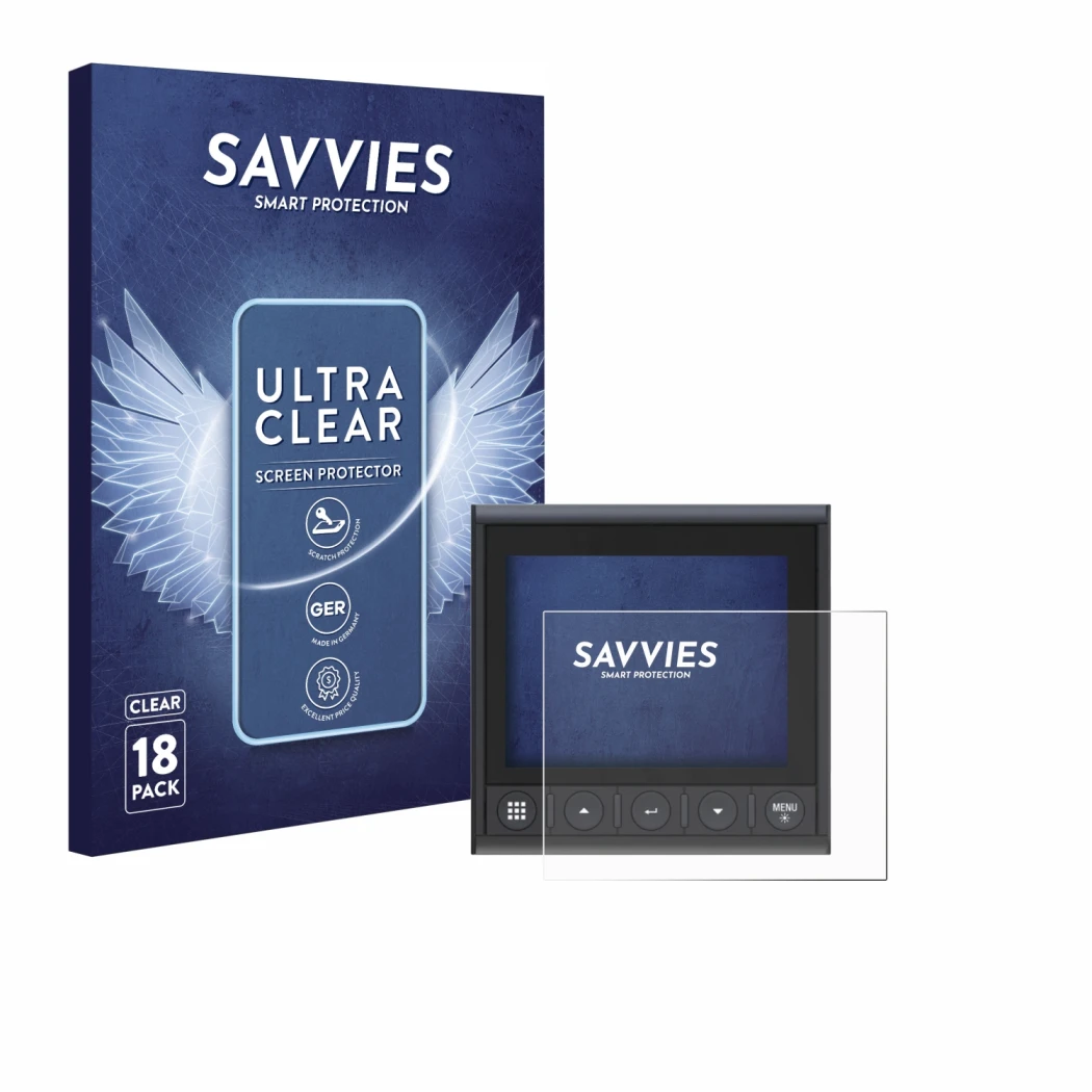 Front side of a product packaging with the brand logo Savvies. Next to it is the device B&G Triton 2 shown with the correspond