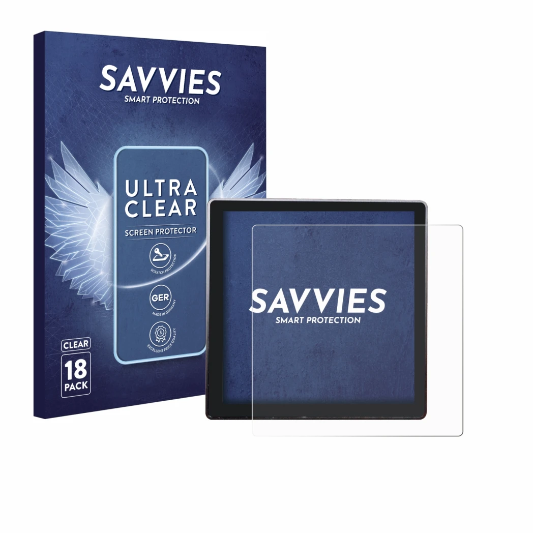 Front side of a product packaging with the brand logo Savvies. Next to it is the device Shelly Wall Display shown with the cor