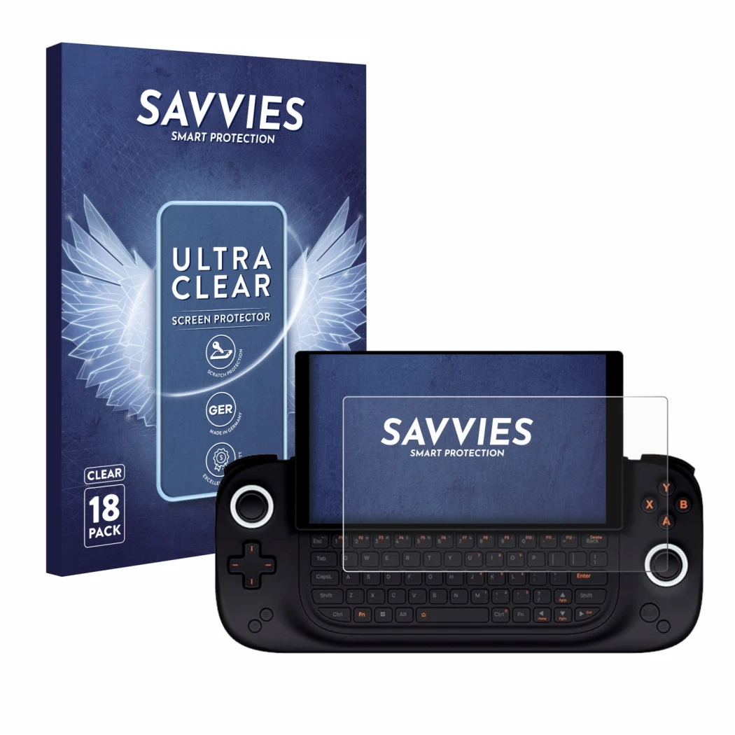 Front side of a product packaging with the brand logo Savvies. Next to it is the device Ayaneo Slide shown with the correspond
