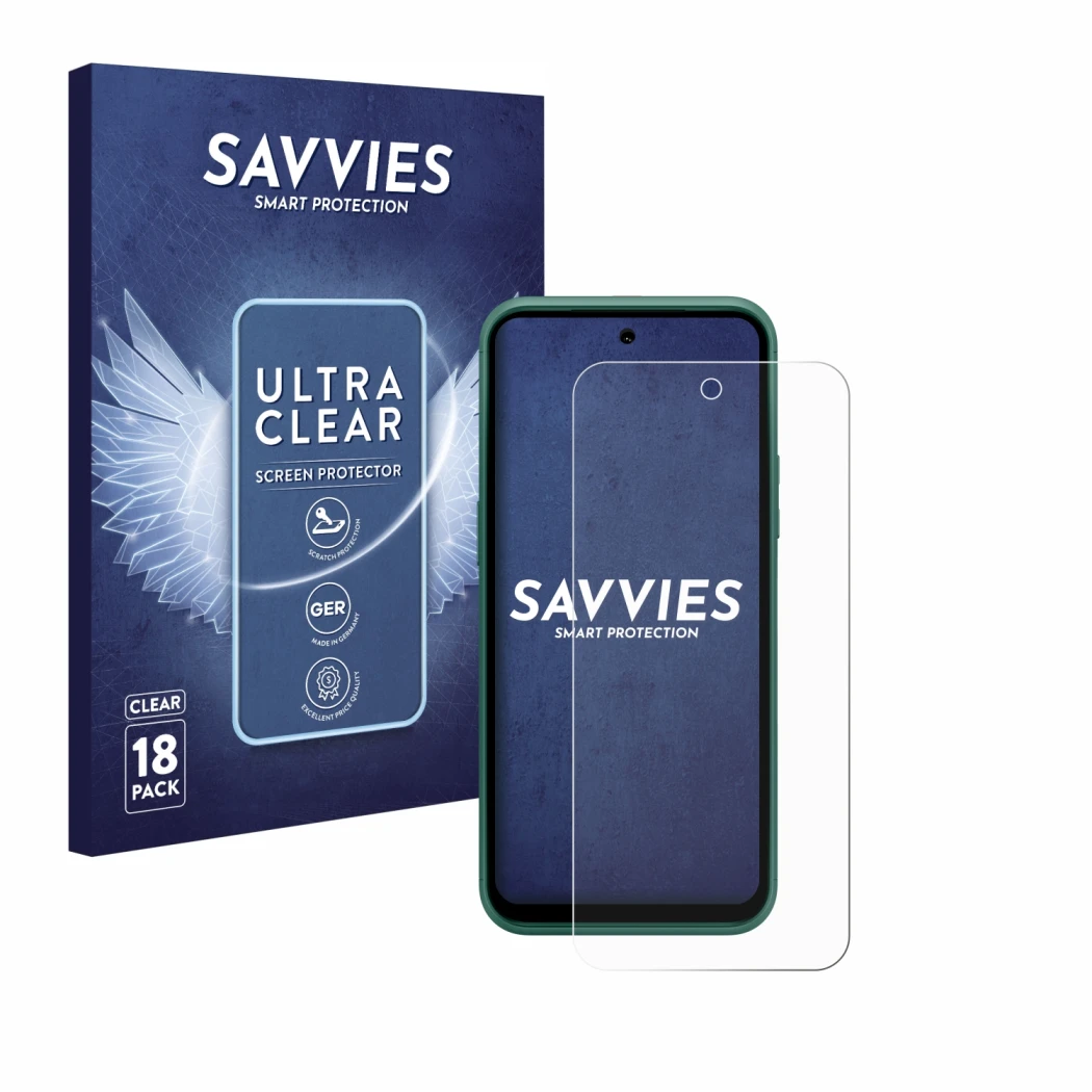 Front side of a product packaging with the brand logo Savvies. Next to it is the device Nokia XR21 Limited Edition shown with 