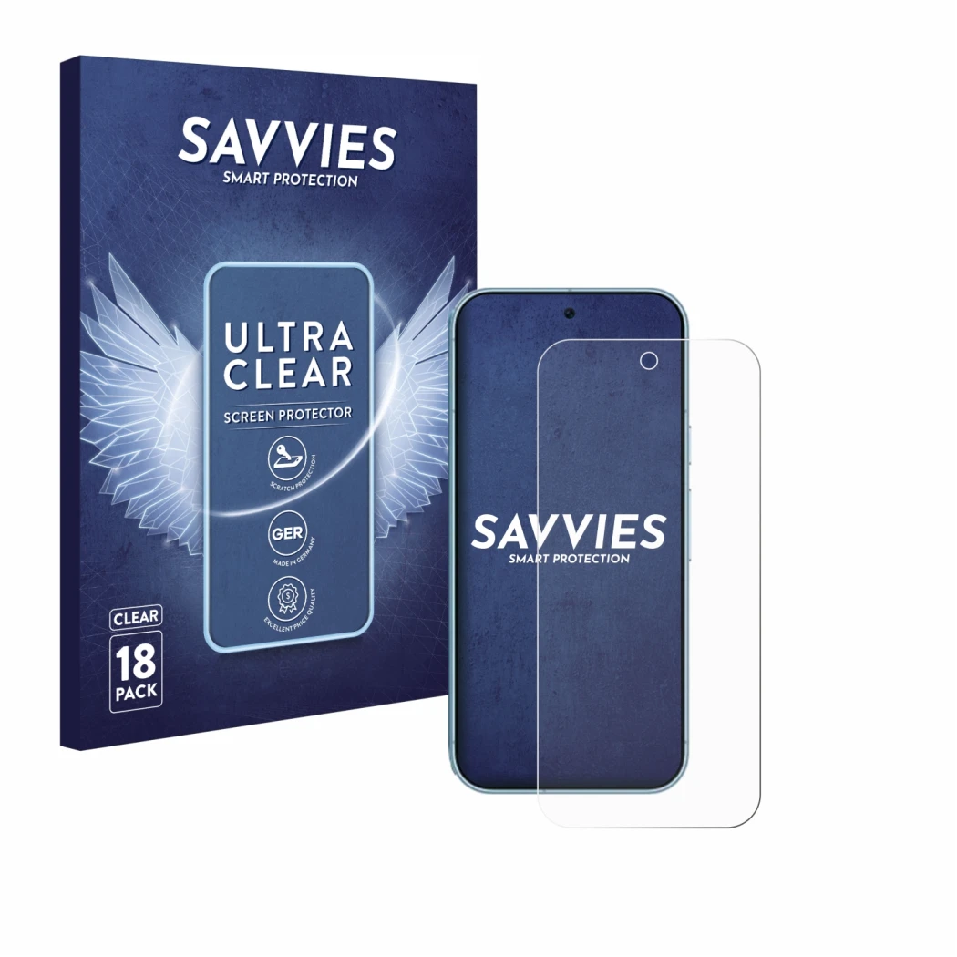 Front side of a product packaging with the brand logo Savvies. Next to it is the device Google Pixel 9 Pro shown with the corr