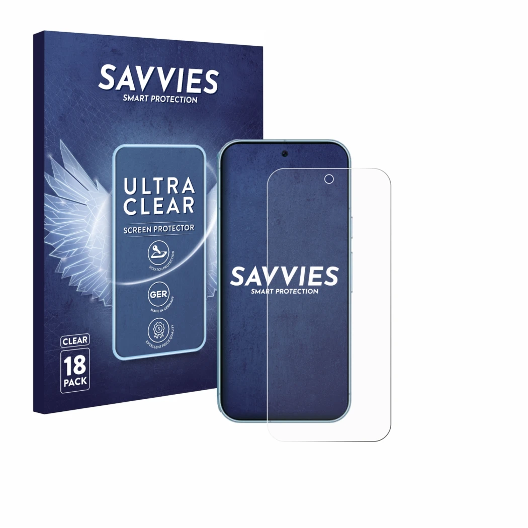 Front side of a product packaging with the brand logo Savvies. Next to it is the device Google Pixel 9 Pro XL shown with the c