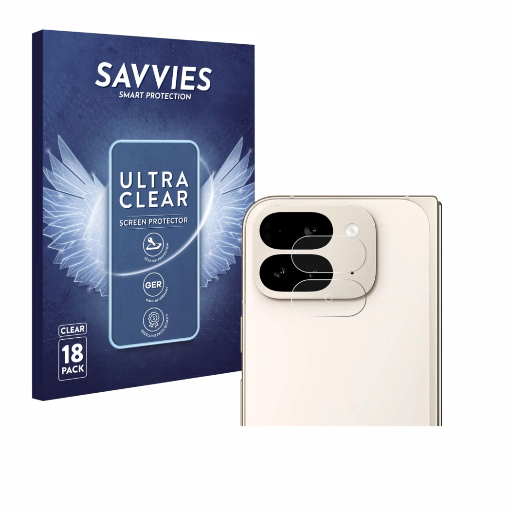 Front side of a product packaging with the brand logo Savvies. Next to it is the device Google Pixel 9 Pro Fold (ONLY Camera L
