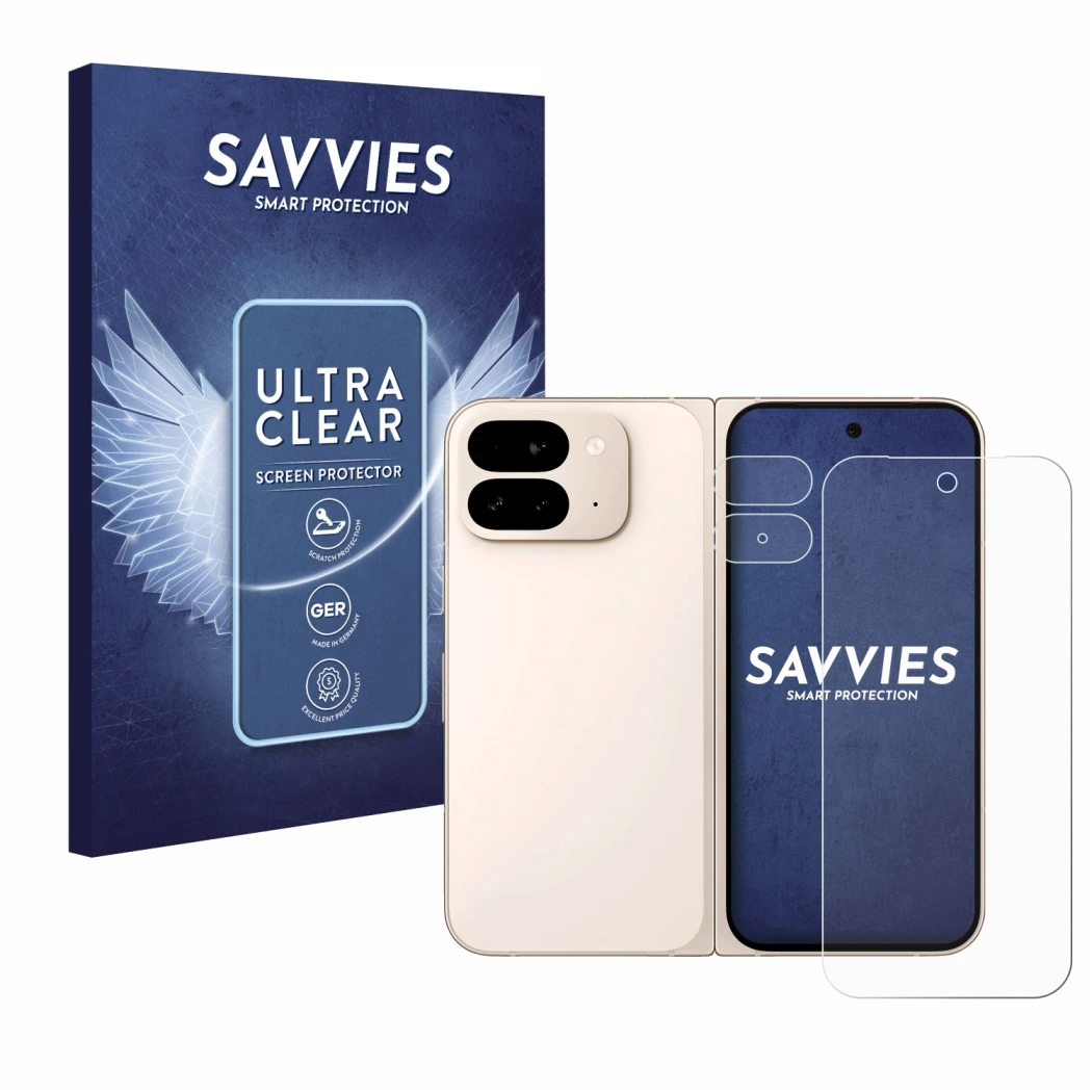 Front side of a product packaging with the brand logo Savvies. Next to it is the device Google Pixel 9 Pro Fold (Front+Camera)