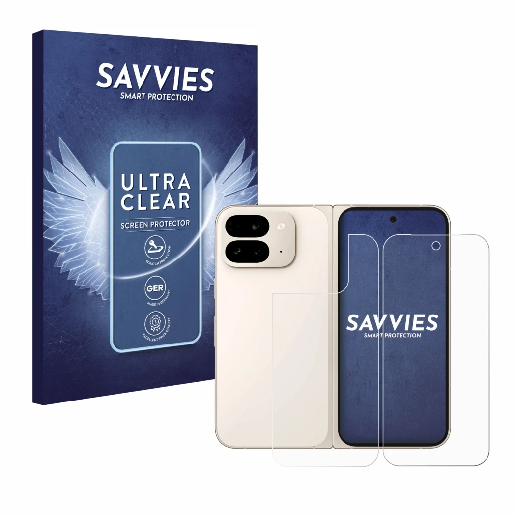 Front side of a product packaging with the brand logo Savvies. Next to it is the device Google Pixel 9 Pro Fold (Front+Back) s