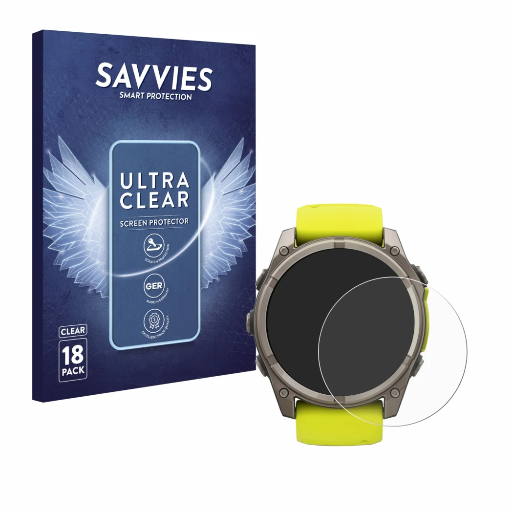 Front side of a product packaging with the brand logo Savvies. Next to it is the device Garmin Fenix 8 Solar (51 mm) shown wit