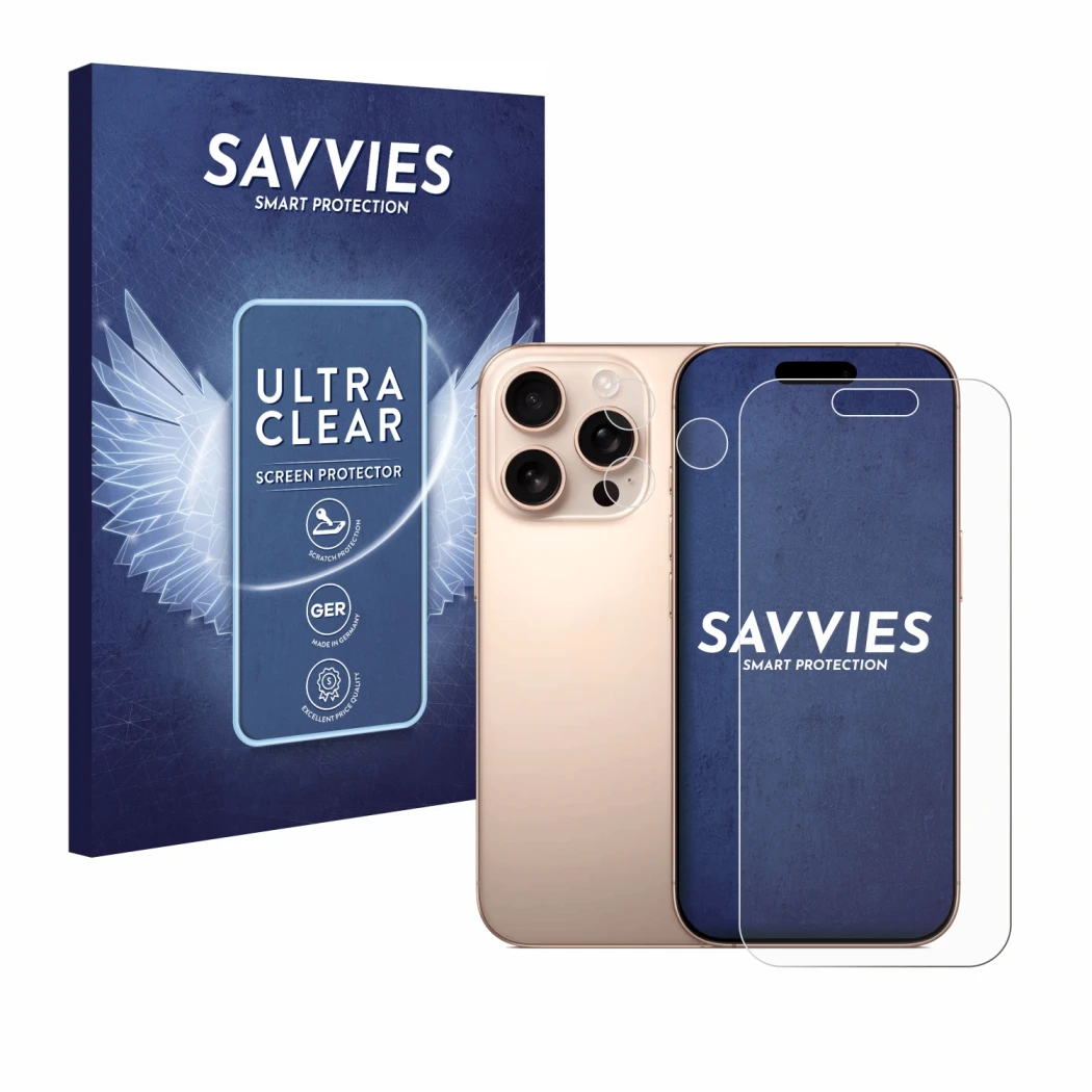 Front side of a product packaging with the brand logo Savvies. Next to it is the device Apple iPhone 16 Pro (Front+Camera) sho