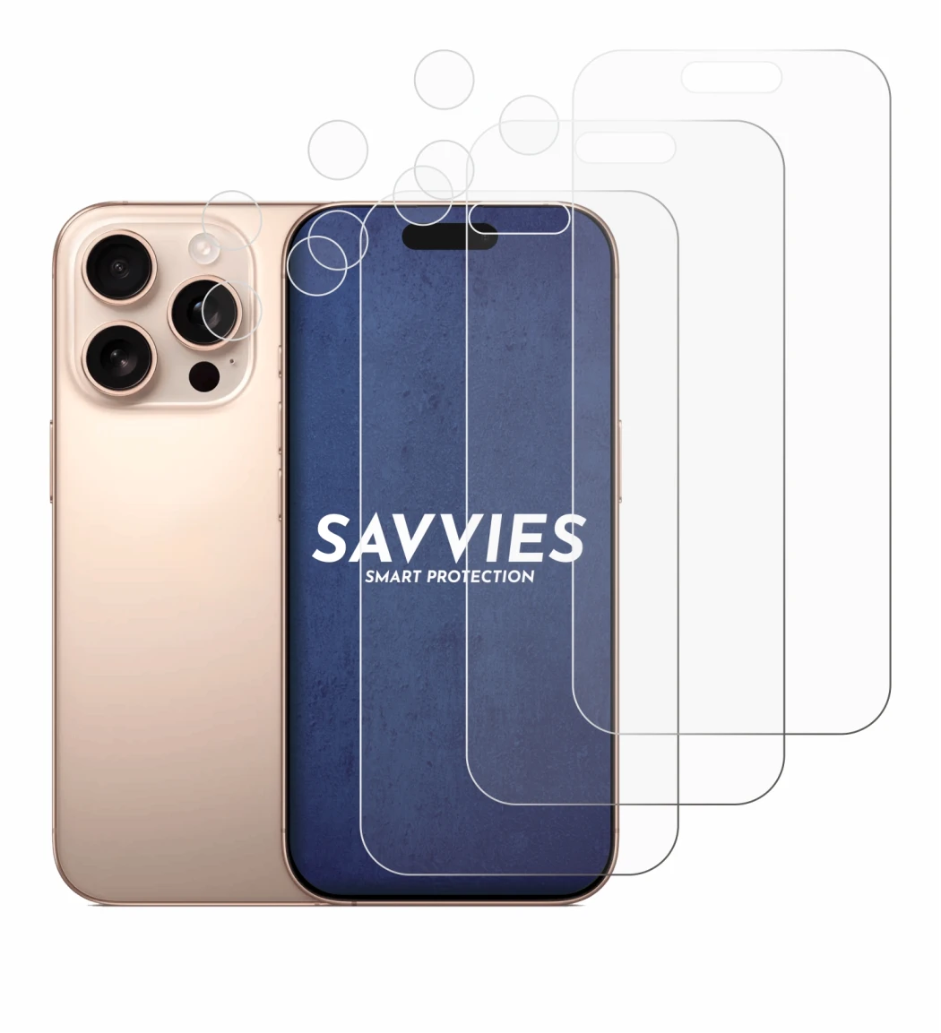 Image of the device Apple iPhone 16 Pro (Front+Camera) with a wide variety of screen protectors.