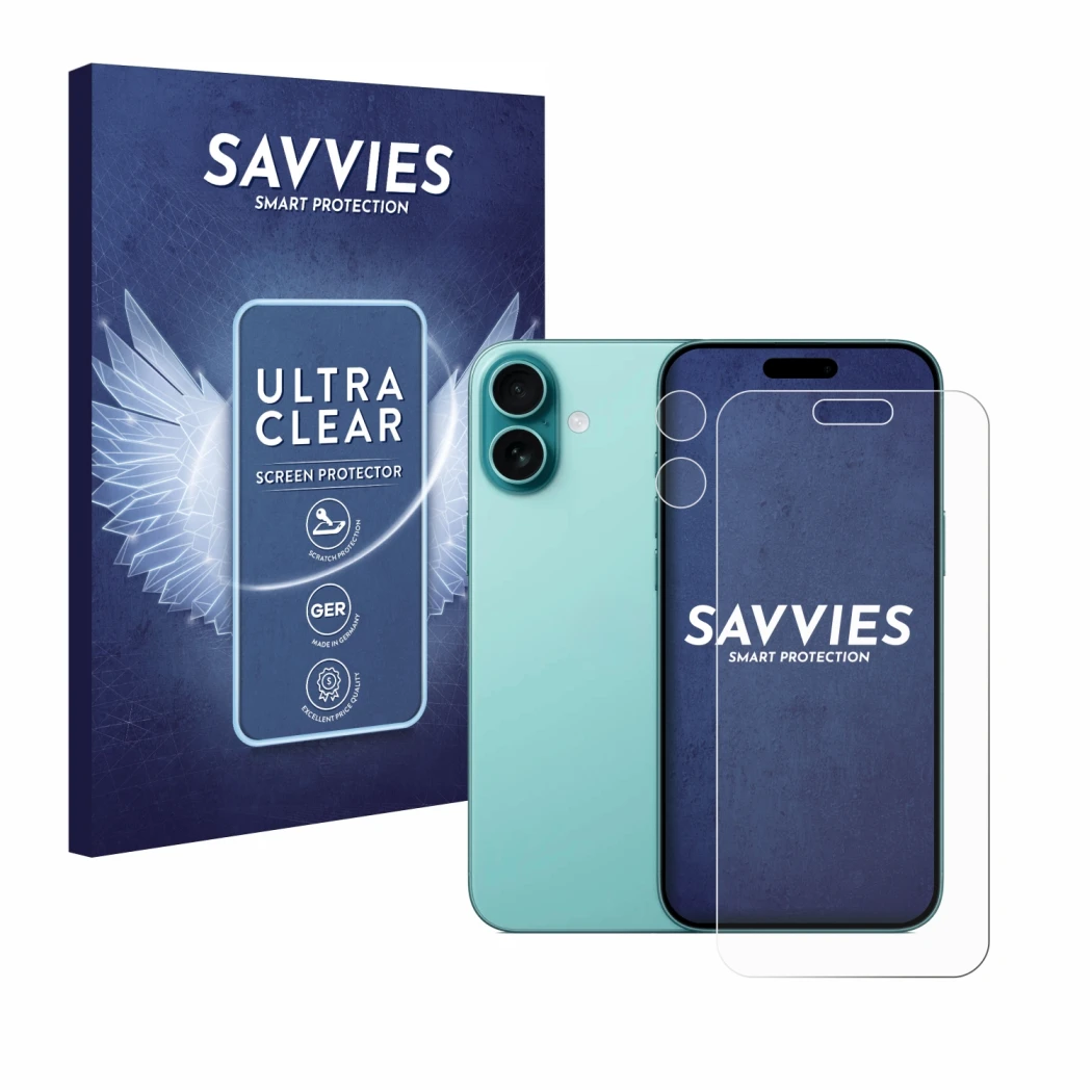 Front side of a product packaging with the brand logo Savvies. Next to it is the device Apple iPhone 16 Plus (Front+Camera) sh